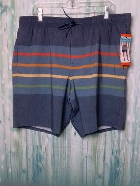 Hang Ten Men’s Blue Swim Trunks with Orange Yellow Green Stripes